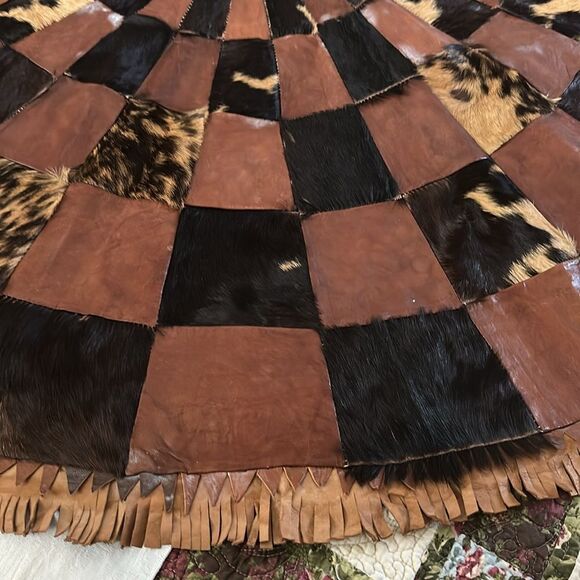 Leather Cowhide Patchwork Circular Rug Brown and Black - Picture 7 of 15